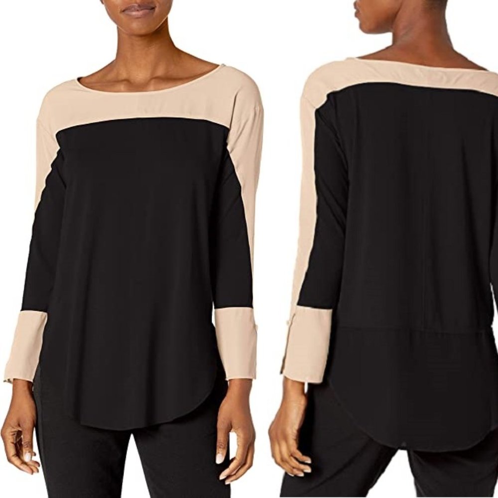 Womens Colorblock Boat Neck Tunic Top Black‎ Beige Chiffon Hem Long Sleeve M
